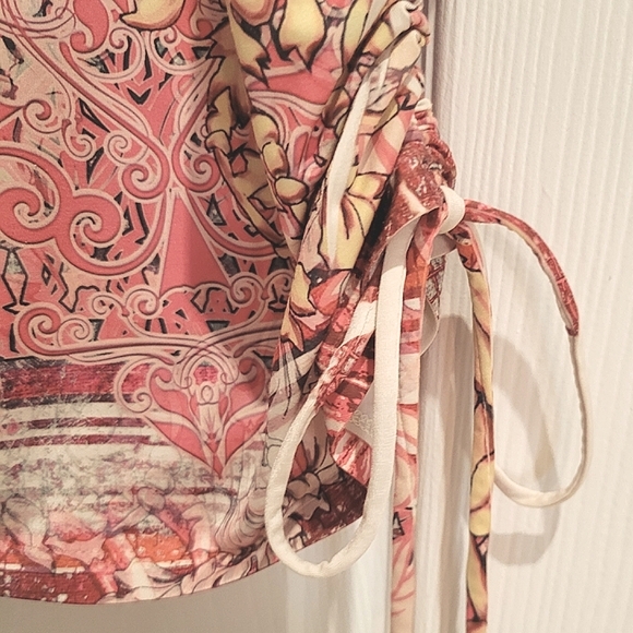 Pink Gold Orange  Bohemian Print Scarf Blouse Large with  Flared Slee - Picture 2 of 6